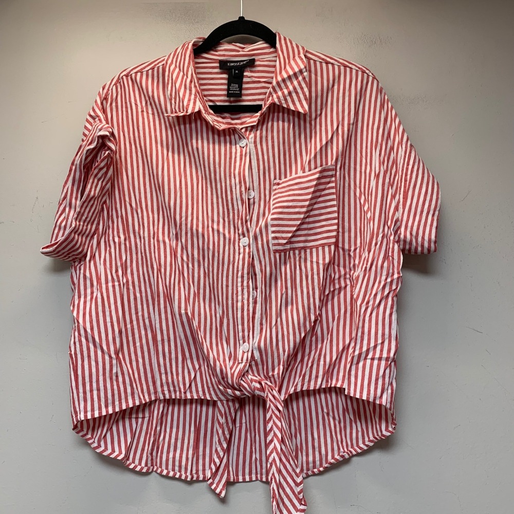 Karen Kane Button Down Shirt Womens XL Red White Excellent Tie Front Striped